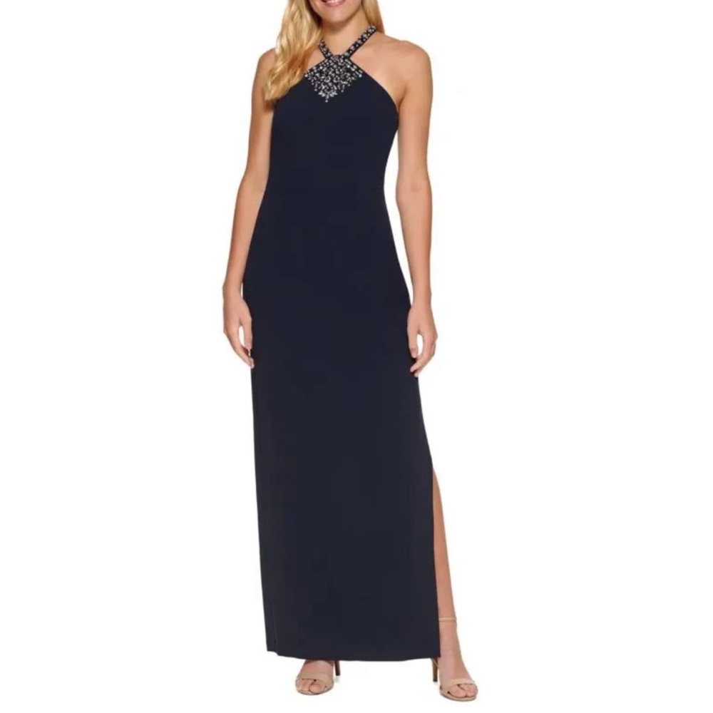 VINCE CAMUTO Beaded Halter Neck Gown